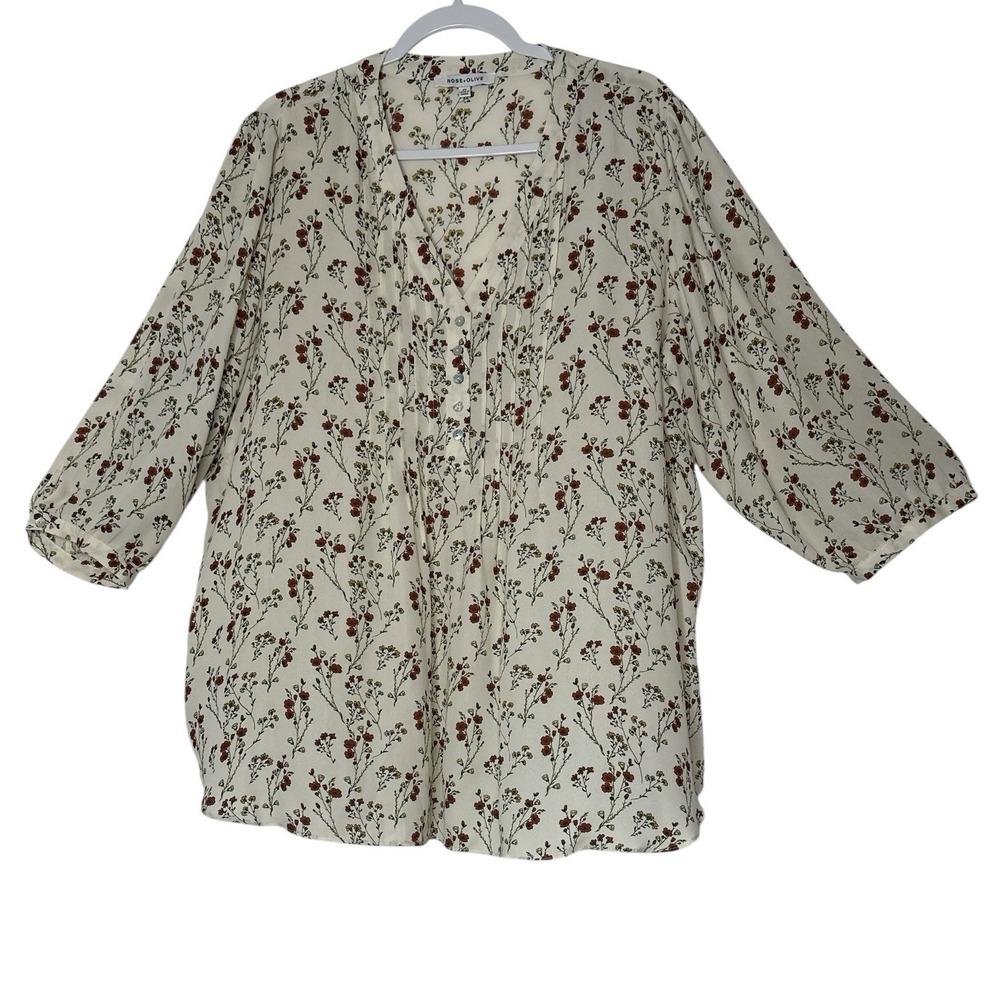 Rose + Olive Tunic Top Women 2X Plus Boho Pullover Peasant Bohemian 3/4 Sleeve